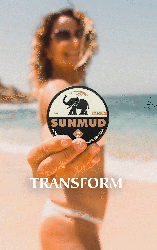 Women in bikini holding a tin of sunscreen in front of the ocean. Text on orang background reading Transform your suncare routine along with suncare product line